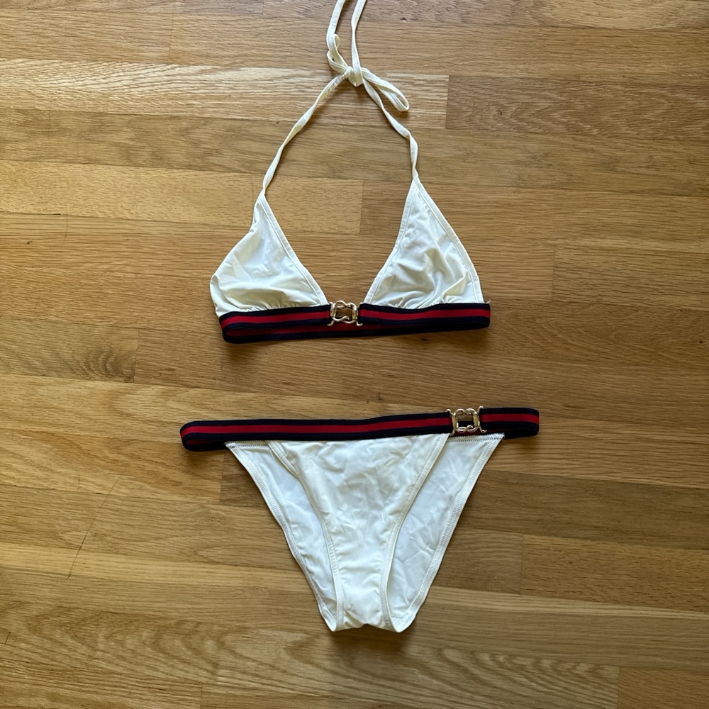 White Bikini with Red and Black Stripes